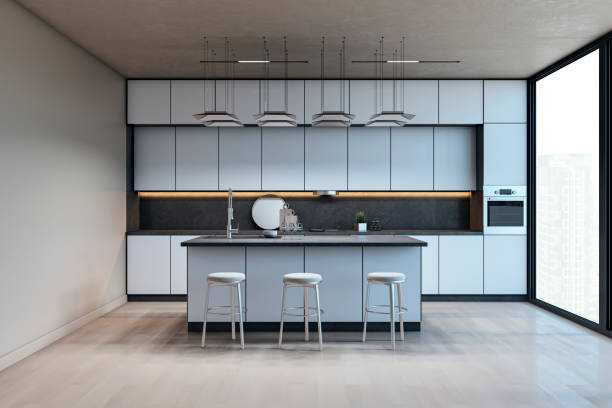 Contemporary kitchen interior with white cabinets, black countertops, and pendant lights. Large window with city view, stylish and functional space. 3D Rendering.