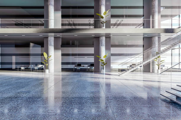 istock Modern spacious office lobby with glass walls, high ceilings, and elegant stone flooring. Open-concept design with stairs and indoor plants. 3D Rendering 2200762111