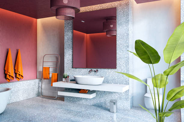 Modern bathroom interior with terrazzo flooring, large mirror, and tropical decor. 3D Rendering