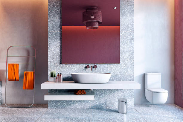 istock Modern bathroom interior with terrazzo walls, minimalist design. 3D Rendering 2200762148