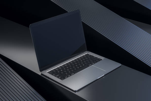 istock Sleek modern laptop with black screen on a stylish dark abstract background. 3D Rendering 2200762239