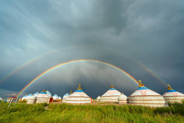 Rainbow over Mongolian yurts on summer grasslands, Inner Mongolia, China