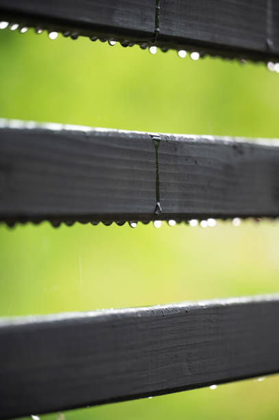 Dew drops on wooden slats very close up, water drops after rain.