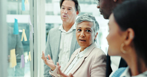 istock Manager, planning and business people by board in office with brainstorming for collaboration. Research, meeting and team of public relations employees with information for media press release. 2200785714