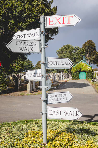 Dublin, Ireland - September 21, 2018: Direction signs in Glasnevin Cemetery, guiding visitors through historic graves and memorials.