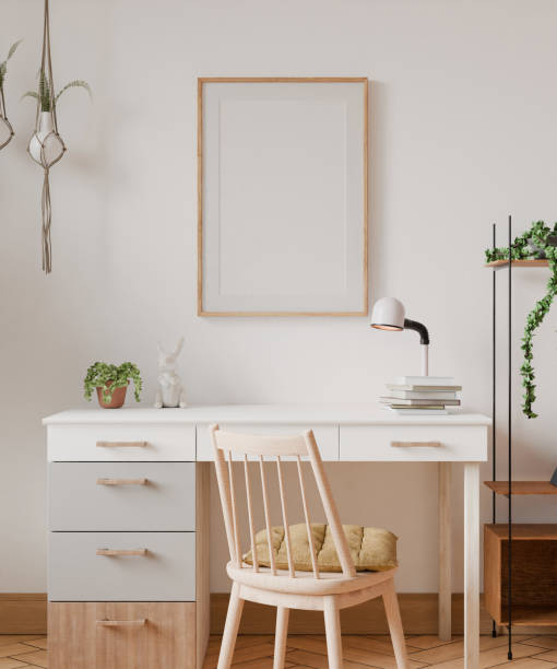 istock picture interior home work desk mockup poster wood frame in empty picture, element interior vertical, on the wall. in illustration 3d render 2200786861