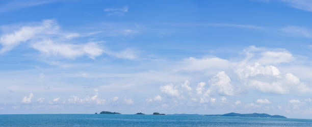 istock Panoramic view of clear blue sky and clouds, Blue sky background with tiny clouds. White fluffy clouds in the blue sky. Captivating stock photo featuring the mesmerizing beauty of the sky and clouds. 2200788017