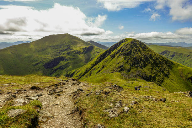 istock Mountain landscape with rugged peaks and lush green slopes under a bright blue sky. 2200788704