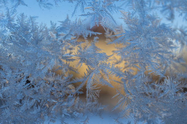 Detailed Frost Crystal Patterns On A Window With A Soft Golden Glow In The Background, Highlighting Their Unique Texture And Delicate Structure
