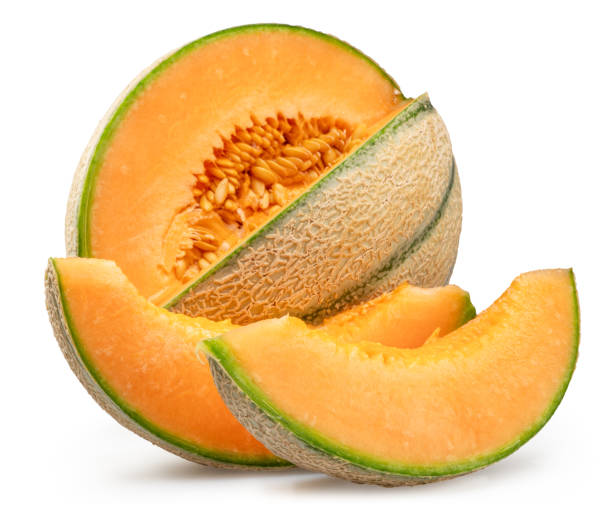 istock Cantaloupe melon with melon slices isolated on white background. File contains clipping path. 2200809449