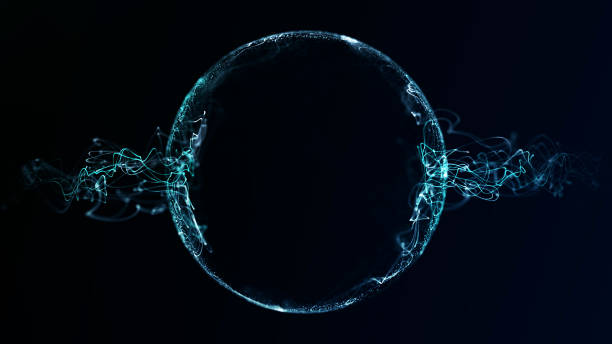 istock Abstract blue green energy  orb in space. Flowing shiny bokeh digital sphere on dark futuristic background. 2200811594