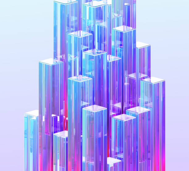 istock Neon glass pillars 3d background. Crystal holographic square columns with rainbow light flare and sparkle effect. Abstract render rectangular block shapes. Modern architecture design 2200831676
