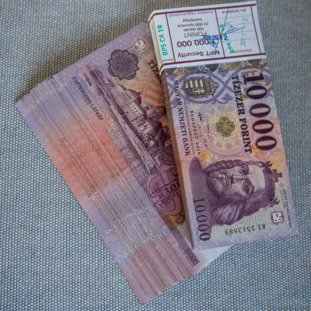 istock Hungarian forint 10 000 Ft banknotes on gray background. 2200832085