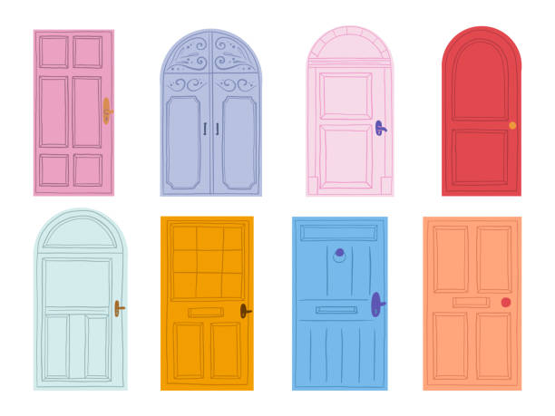 A set of colorful decorative door illustrations featuring various shapes and intricate detail. Perfect for architectural design, home decor, and creative project