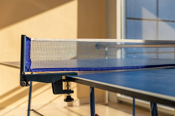 istock Empty table with grid mesh table tennis, standard ping pong table has a net stretched across the middle. 2200835037