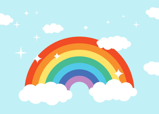 bildbanksillustrationer, clip art samt tecknat material och ikoner med vector colorful rainbow with white clouds is isolated on the blue sky background. all layered and grouped. vector. - regnbåge