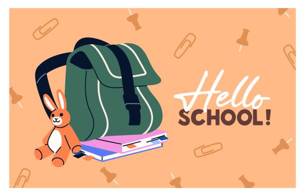 istock Back to School postcard design. Template of Knowledge Day card. Banner layout with students' bag, stationery, textbooks. Backpack with books. Schoolbag, knapsack, rucksack. Flat vector illustration 2200851109