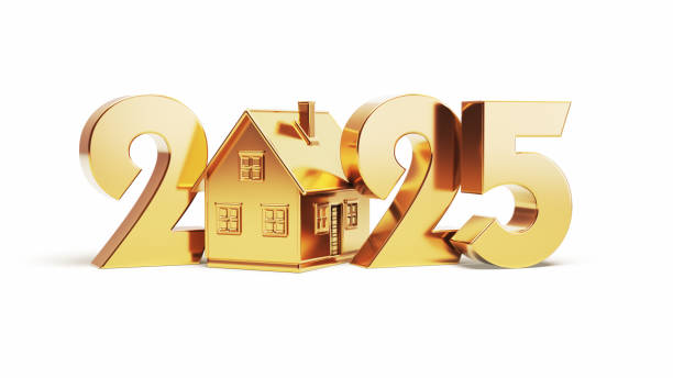istock 2025 Year Text Golden Material Middle Roofed House, Object + Shadow Clipping Path 2200851356