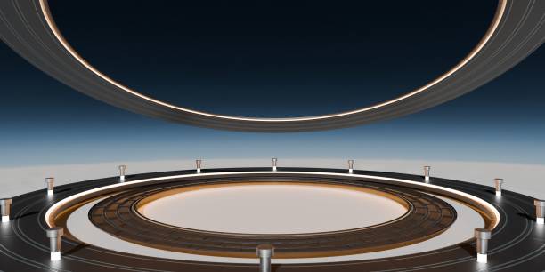 istock Round stage, curved showroom, technology background, modern, 3D illustration 2200853516