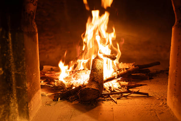Close-up of a burning fire with wooden logs and kindling inside a traditional brick oven or fireplace. The bright orange flames and glowing embers create a warm and rustic atmosphere, ideal for wood-fired cooking, home heating, and cozy settings. Perfect for food photography, camping, and fireplace-themed visuals.