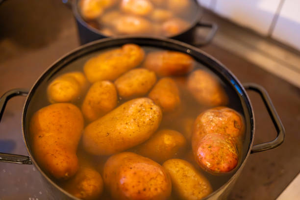 A close-up shot of whole potatoes boiling in a large pot filled with water on a stovetop. The image captures the steam rising as the potatoes cook, highlighting the process of preparing a simple yet essential ingredient for various meals. This scene is perfect for themes related to home cooking, traditional recipes, and kitchen essentials.