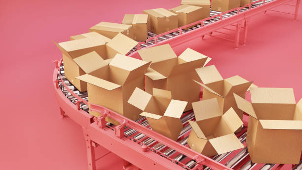 istock Conveyor with cardboard boxes on a pink  background. 3d illustration 2200855912