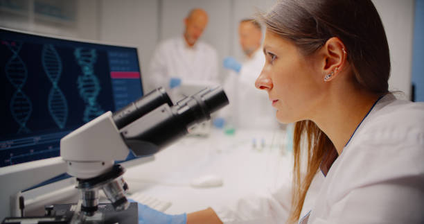 istock Female scientist, sitting near the microscope, carefully analyzes data on the computer, cross-referencing her findings with the samples she just examined 2200856754