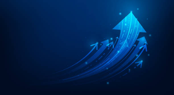 istock business arrow up growth and trend to success technology blue background. financial graph strategy. market chart profit money. vector illustration fantastic technology. 2200861925