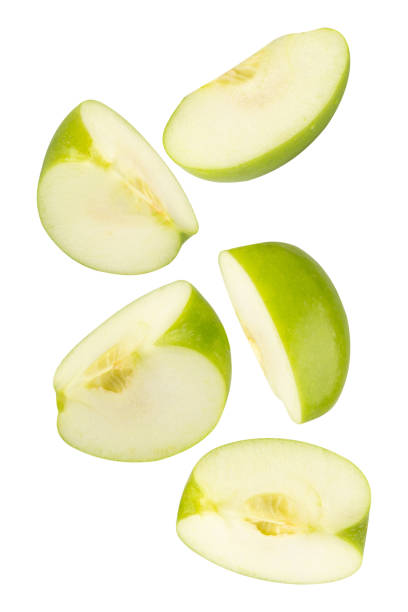 istock Falling Green Apple isolated on white background with clipping path, full depth of field 2200862071