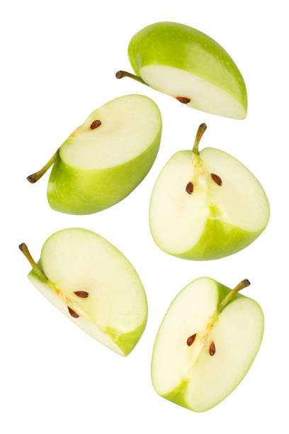 istock Falling Green Apple isolated on white background with clipping path, full depth of field 2200862077