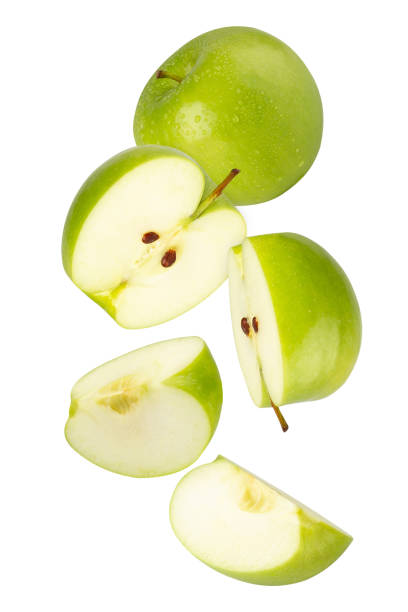 istock Falling Green Apple isolated on white background with clipping path, full depth of field 2200862084