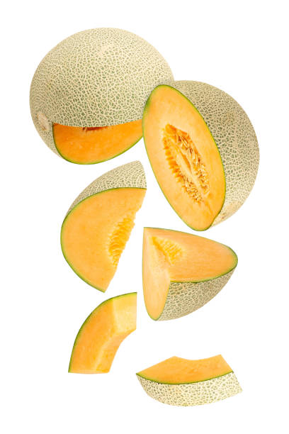 istock Falling Cantaloupe Melon isolated on white background with clipping path, full depth of field 2200862194