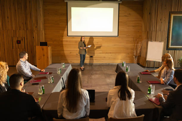 istock Businesswoman speaking to the audience 2200865501