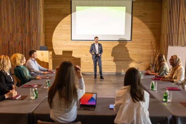 istock Businessman speaking to the audience 2200865925