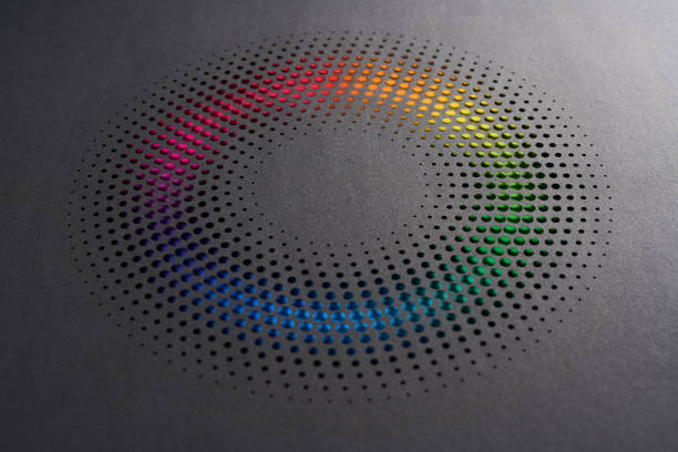 istock Circular Cut Paper Artwork with Halftone Pattern and Vibrant Rainbow Gradient Accents on Dark Black Background 2200866555