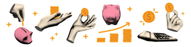 Trendy halftone art collage cut outs set. Paper clippings, hands holding money coins, piggy bank, calculator. Money savings concept vintage dotted stickers Modern retro mixed media vector illustration