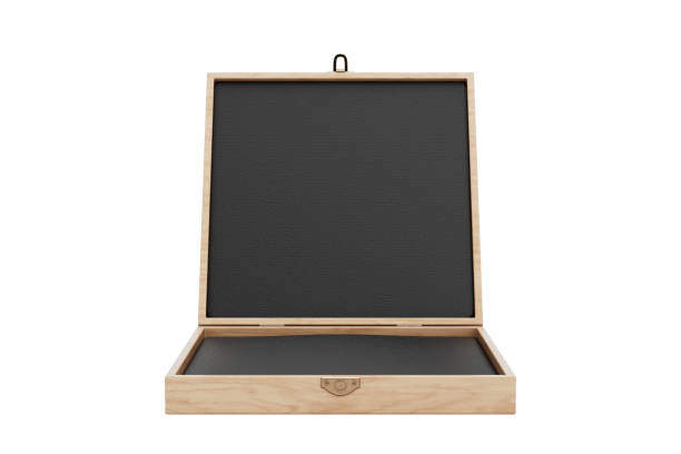 Opened Wooden Box Mockup with Bronze Latch on a white background. 3d Rendering