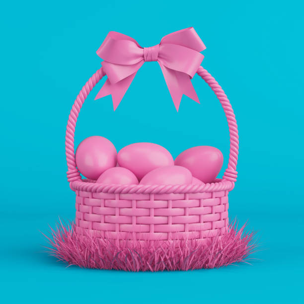 istock Pink Easter Basket for Easter Eggs with  Bow in  Grass Filled with Easter Eggs in Duotone Style. 3d Rendering 2200871075
