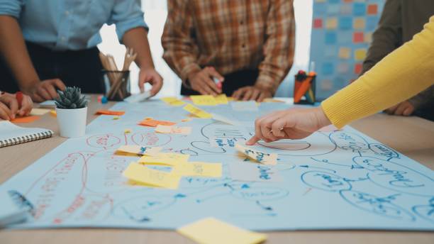 istock Collaborative Brainstorming Session with Sticky Notes on Large Paper, Team Working Together on Creative Ideas and Concepts in Bright Office Environment SACTR 2200871857