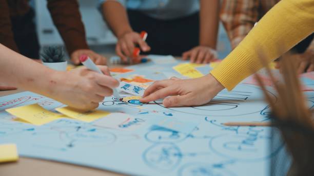 istock Collaborative brainstorming session for innovative ideas on a large paper with colorful sticky notes and diverse hands engaging in creative work SACTR 2200871928