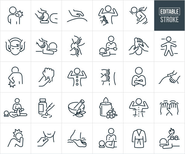 stockillustraties, clipart, cartoons en iconen met massage therapy thin line icons - editable stroke - icons include - icons include a person in pain, face massage, massage therapist, masseuse, pain relief, pain management, spa, relaxation - gezichtsmassage