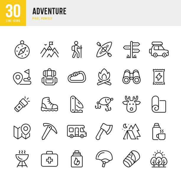 stockillustraties, clipart, cartoons en iconen met adventure - thin line vector icon set. 30 icons. pixel perfect. the set includes a hiking, camping, climbing, kayaking, rappelling, summer camp, fishing, road trip. - avontuur