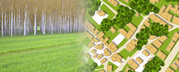 istock Imaginary topographic cadastral map and land parcels of territory with trees on background and buildable vacant land for sale - concept image 2200880751