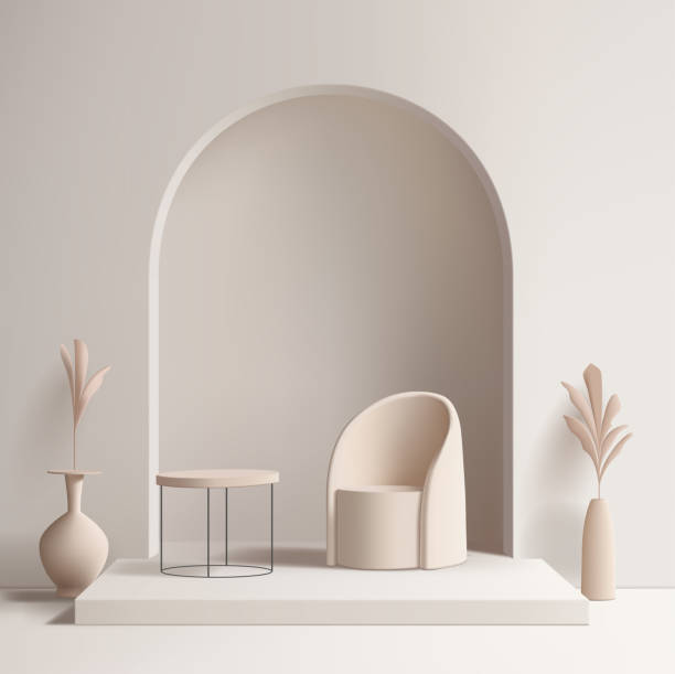 istock Modern 3D interior, armchair, coffee table, potted plants, arch, podium. For concepts of advertising, recreation. Scene for advertising of goods. Vector 2200888515