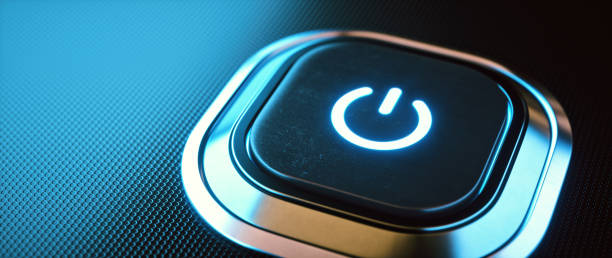 istock Metallic power on/off start button, extreme close-up 2200888645