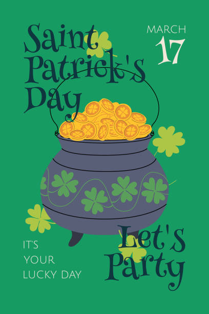 St. Patrick's Day party poster. Patrick Day template with pot of gold coins, clover, lettering, green background. Ideal for party posters, Irish festival invitations, flyer, card. Vector illustration.