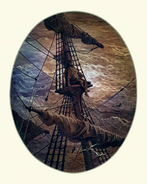 Vintage engraving by Gustave Dore of a scene from the Rime of the Ancient Mariner. The Rime of the Ancient Mariner (originally The Rime of the Ancyent Marinere) is the longest major poem by the English poet Samuel Taylor Coleridge. It relates the experiences of a sailor who has returned from a long sea voyage. The mariner stops a man who is on the way to a wedding ceremony and begins to narrate a story. 1882