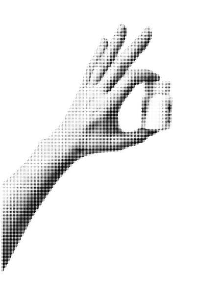 istock Halftone hand giving medicine, vitamin, drug. 2200902591