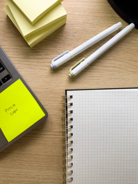 istock Home Office Desk With Stack Of Yellow Post-its®, Pens, Notebook, And Laptop With Post-it® Reminder 2200907738