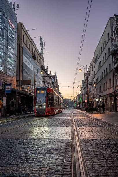 istock Tram at sunset on the cobblestone streets of Katowice 2200908670